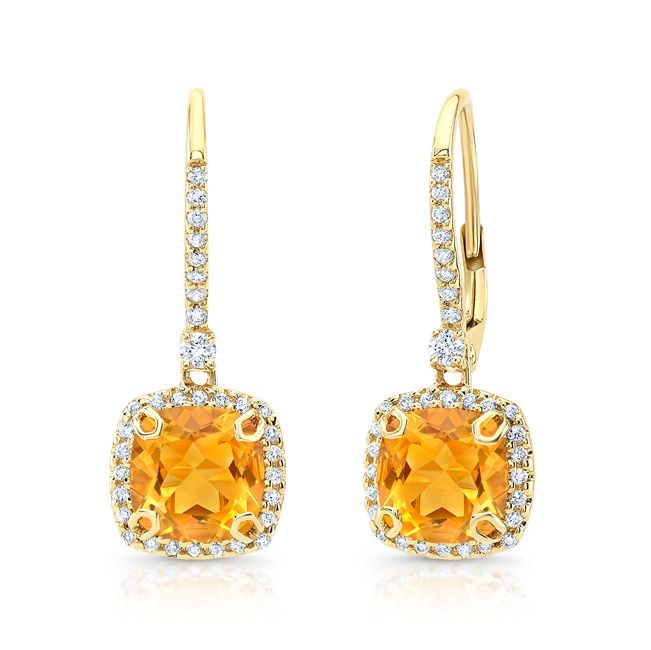 Citrine And Diamond Halo Cushion Dangle Earrings in 14K Yellow Gold 0.28ctw | RockHer