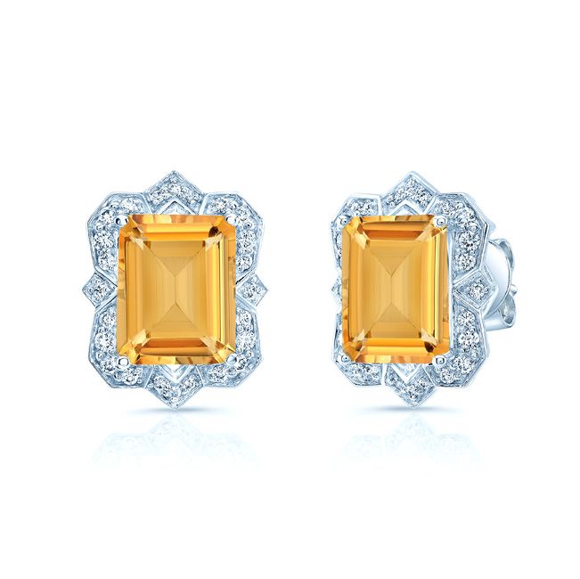 Citrine Emerald Cut Stud Earrings in 14K White Gold | RockHer