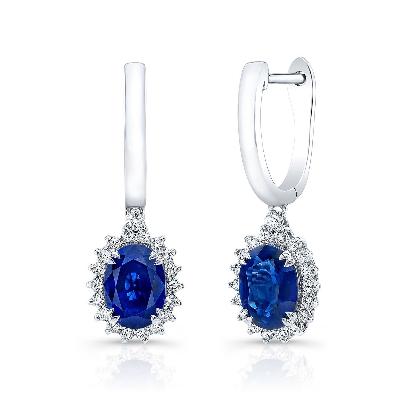 Sapphire Oval And Diamond Starburst Frame Earrings In 14k White Gold (7x5mm)