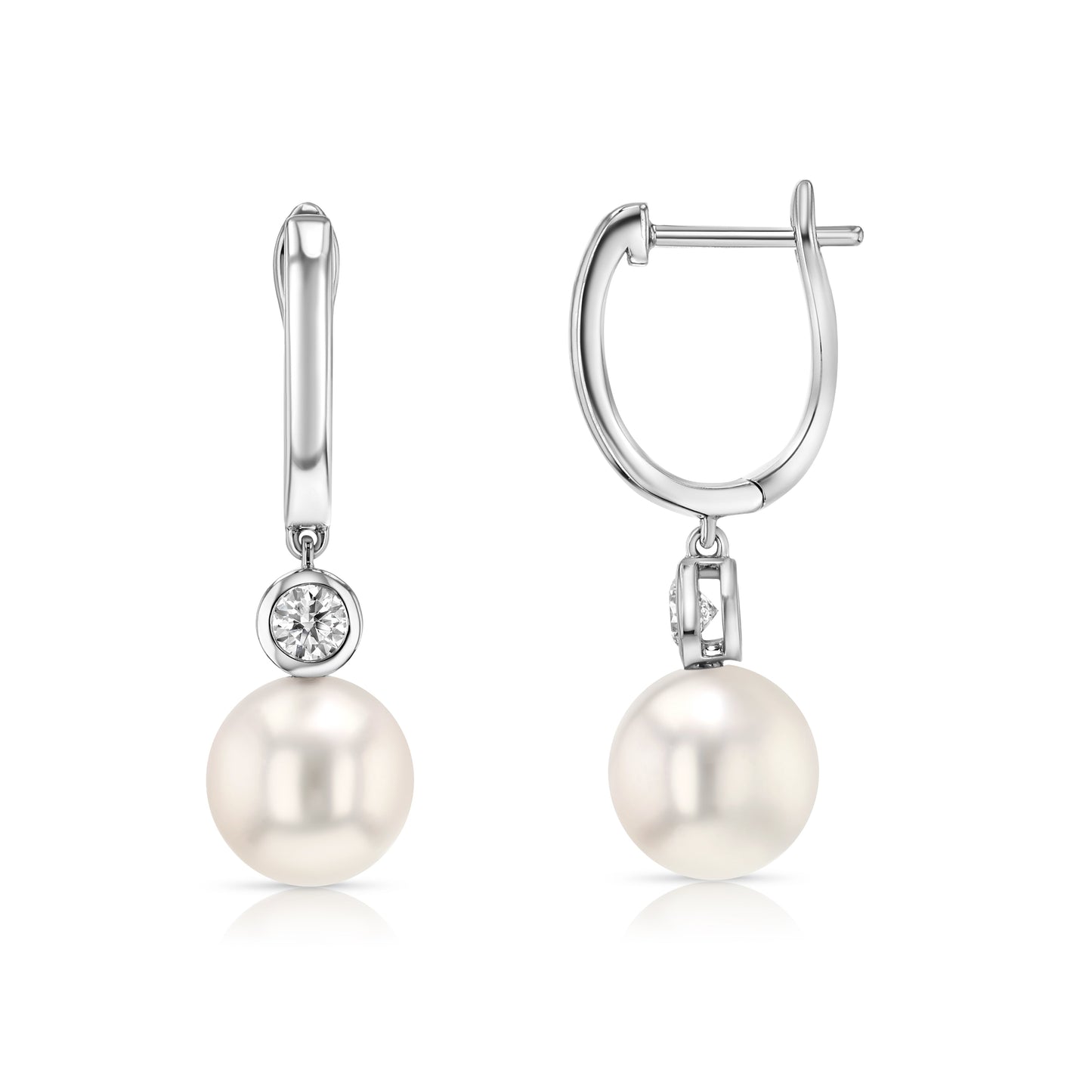 Akoya Pearl and Bezel Diamond Earrings in 14k White Gold 0.20ctw – front view | RockHer