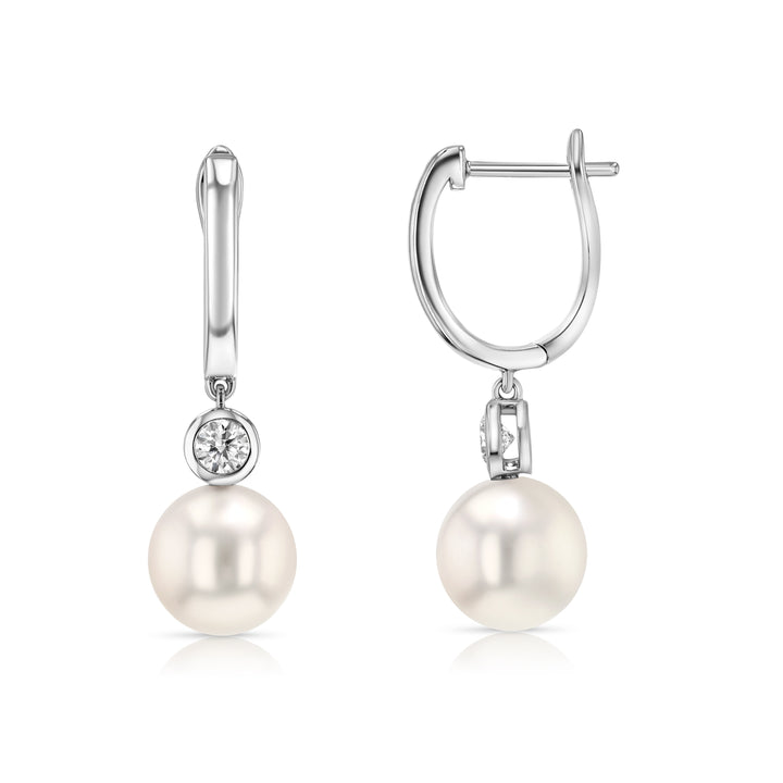 Akoya Pearl and Bezel Diamond Earrings in 14k White Gold 0.20ctw – front view | RockHer