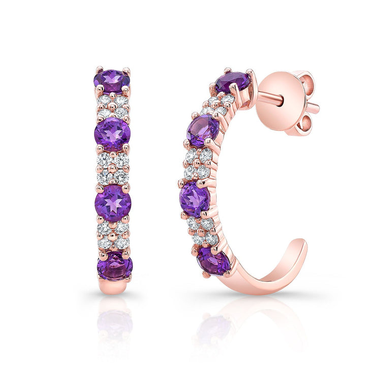 Amethyst And Diamond Alternating Prong-set 2-row Half Hoop Earring in 14K Rose Gold | RockHer