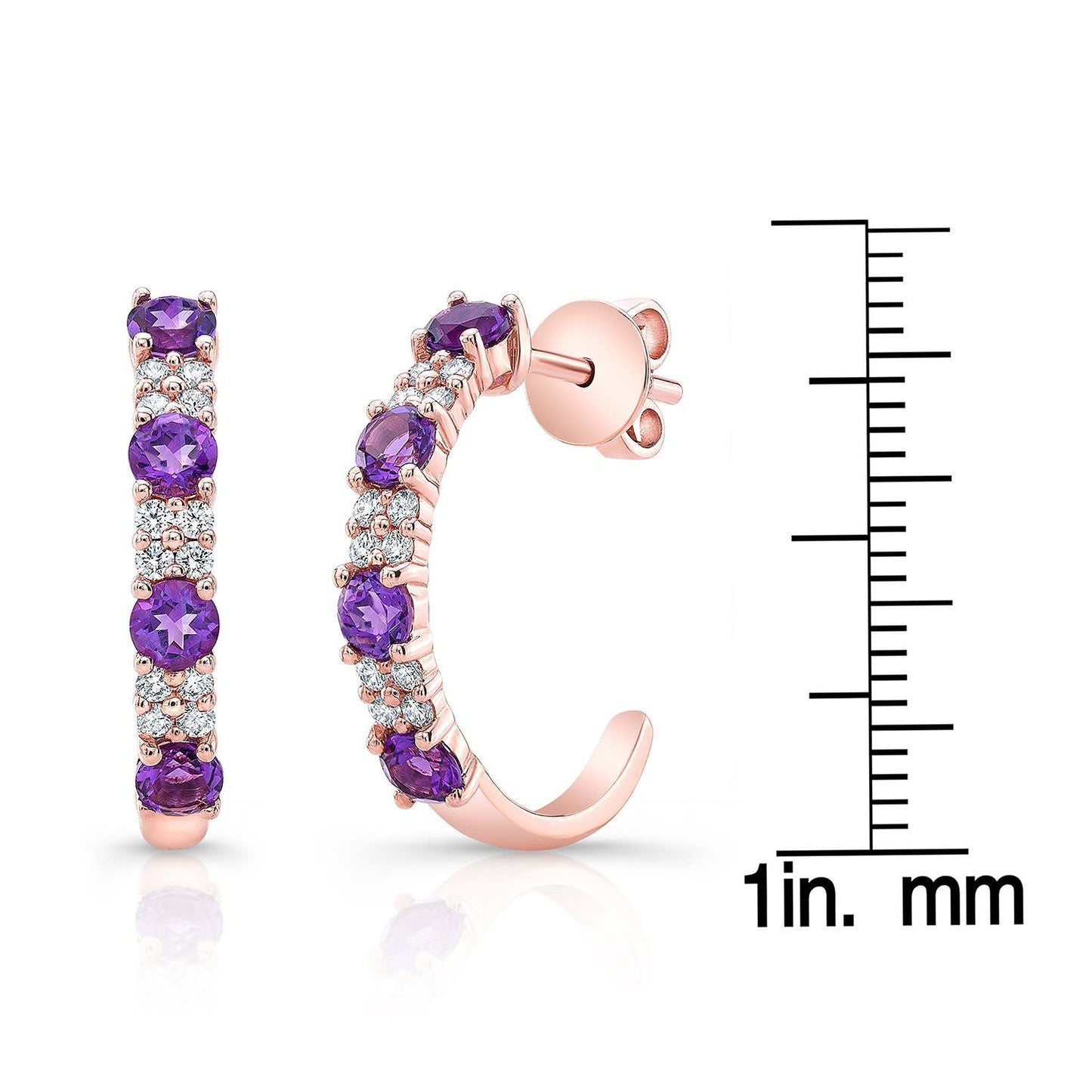 ต่างหูครึ่งวง 2 แถว ประดับอเมทิสต์และเพชรสลับกันแบบหนีบด้วยกรงเล็บในทองกุหลาบ 14k