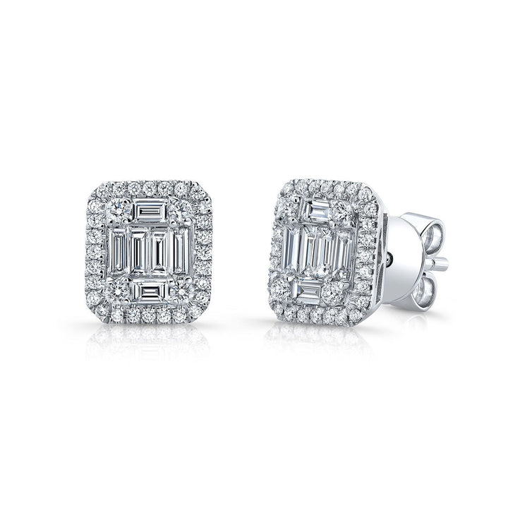 Emerald Round Brilliant Stud Earrings in 14K White Gold | RockHer