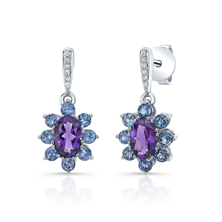 Amethyst, Iolite And Diamond Floral Drop Earrings in 14K White Gold | RockHer