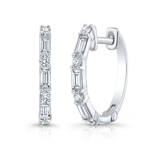 Diamond Baguette And Round Hoop Earrings In 14k White Gold