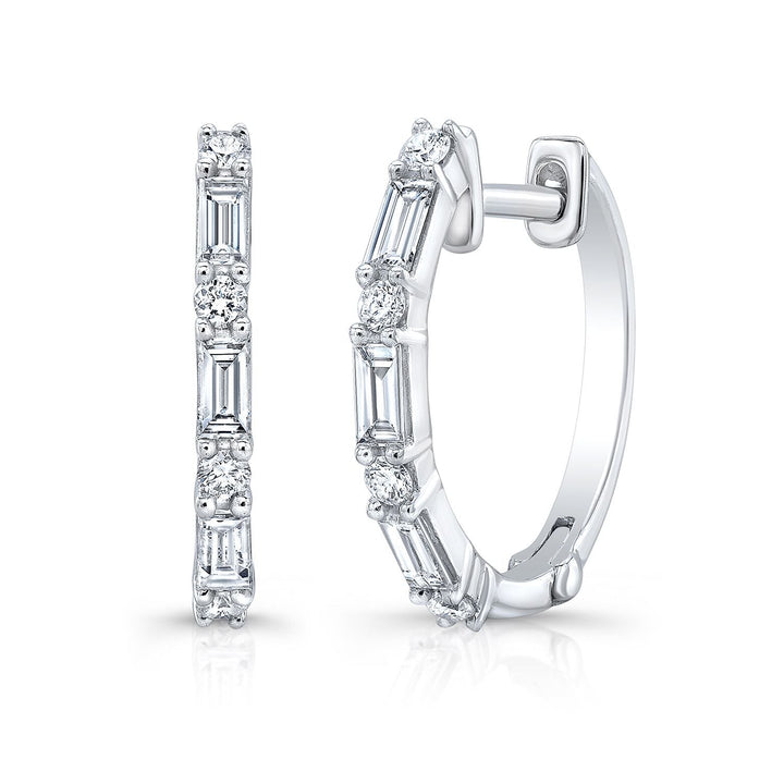 Diamond Baguette And Round Hoop Earrings in 14K White Gold | RockHer