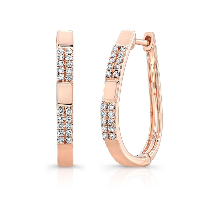 Diamond Pave Linear Oval Hoop Earrings With High Polish Accent in 14K Rose Gold | RockHer