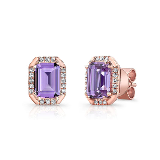 ต่างหูอเมทิสต์รูปแปดเหลี่ยมพร้อมกรอบประดับเพฟและขัดเงาสูงในทองกุหลาบ 14k (7x5mm)