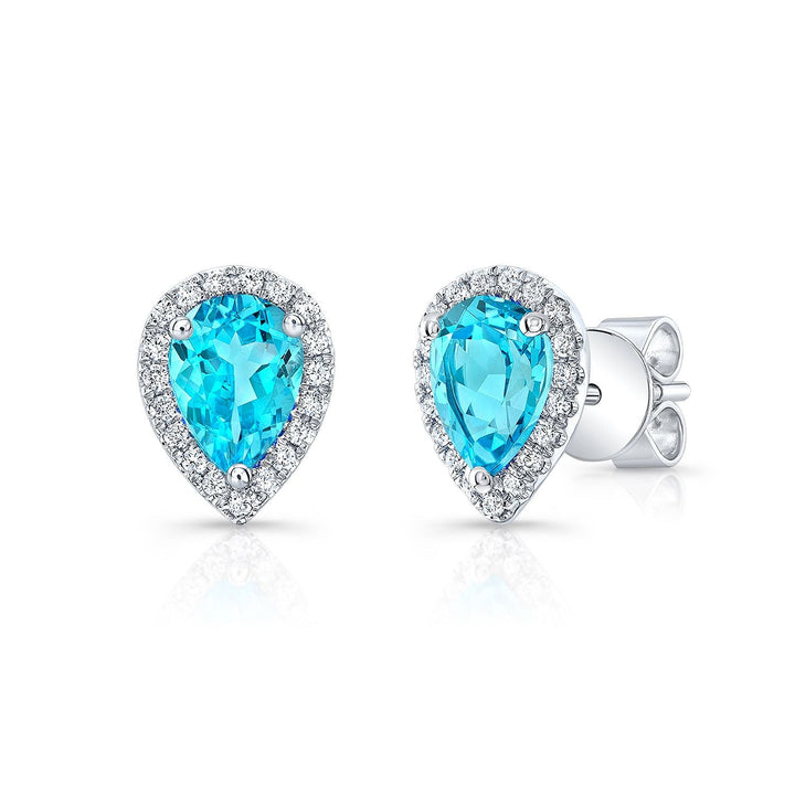 Swiss Blue Topaz Round Brilliant Stud Earrings in 14K White Gold | RockHer