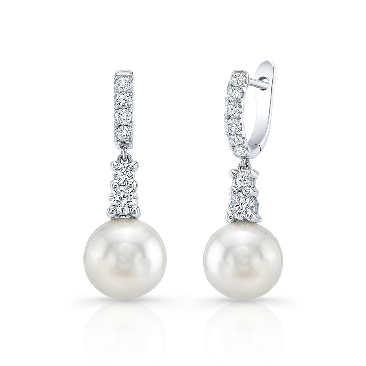White Pearl And Diamond Dangle Earrings With Prong-set Tops And Hinged Post Backs in 14K White Gold (8.0-8.5mm) (si) | RockHer