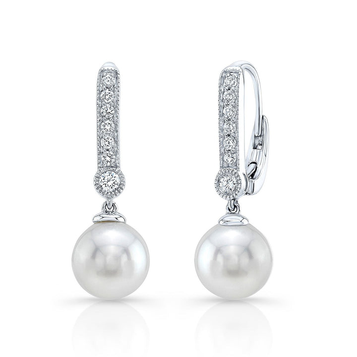Cultured Pearl And Diamond Straight Dangle Earrings With Prong Set Tops And Bezel Accent in 14K White Gold (8.0-8.5mm) (si) | RockHer