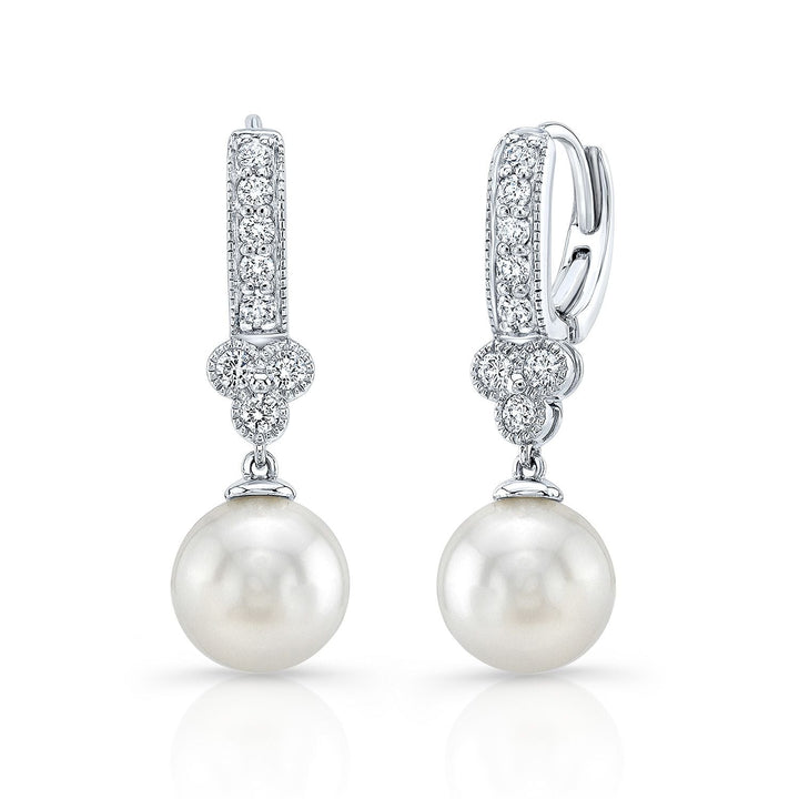 White Pearl And Diamond Dangle Earrings With Clover Top & Miillgrain Detail (8.0-8.5mm) (si), in 14K White Gold | RockHer
