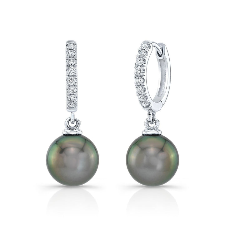 Black Pearl And Diamond Straight Dangle Earrings With Huggie Closures in 14K White Gold (8.0-8.5mm) (si) | RockHer