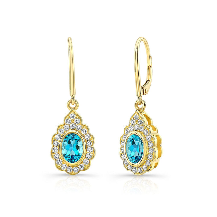 Blue Topaz And Diamond Oval Bezel Leverback Earrings With Teardrop Scallop Frame in 14K Yellow Gold – side profile | RockHer