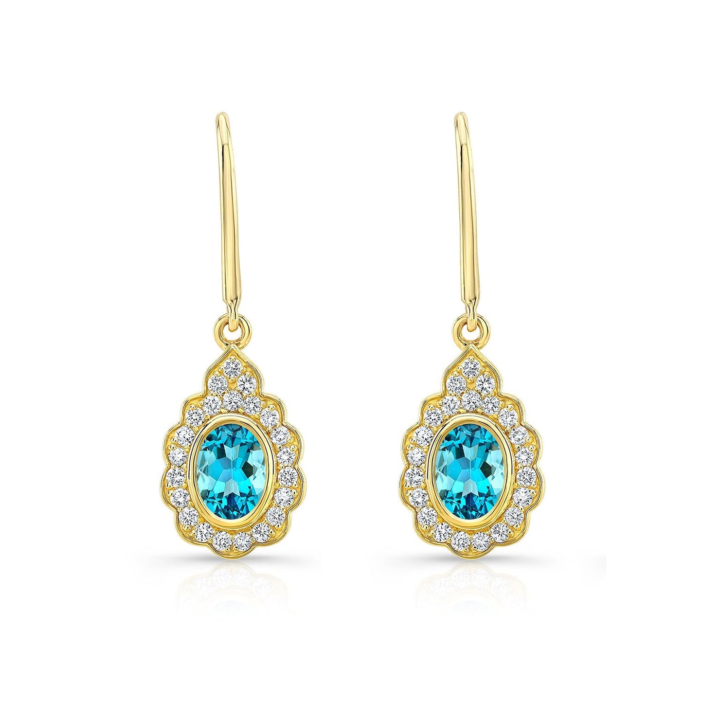 Blue Topaz And Diamond Oval Bezel Leverback Earrings With Teardrop Scallop Frame in 14K Yellow Gold – front view | RockHer