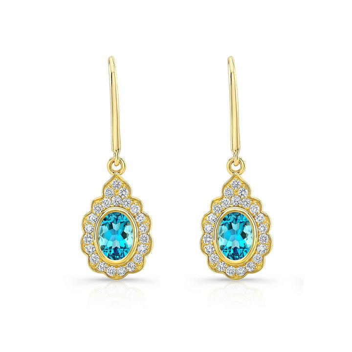 Blue Topaz And Diamond Oval Bezel Leverback Earrings With Teardrop Scallop Frame in 14K Yellow Gold – front view | RockHer