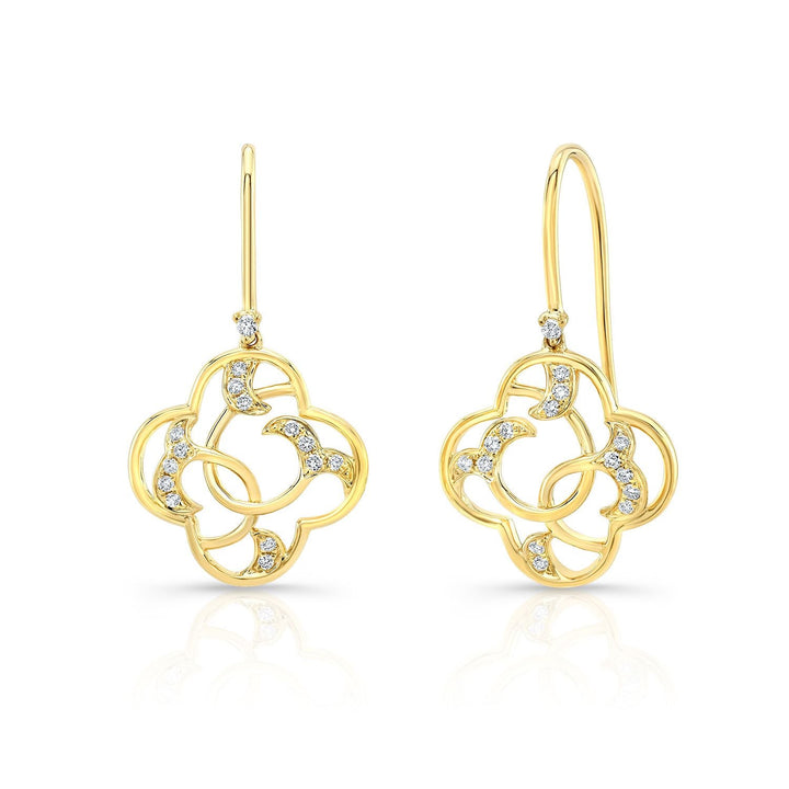 Diamond Open Clover Dangle Earrings With Twine Design And French Wire Backs in 14K Yellow Gold | RockHer