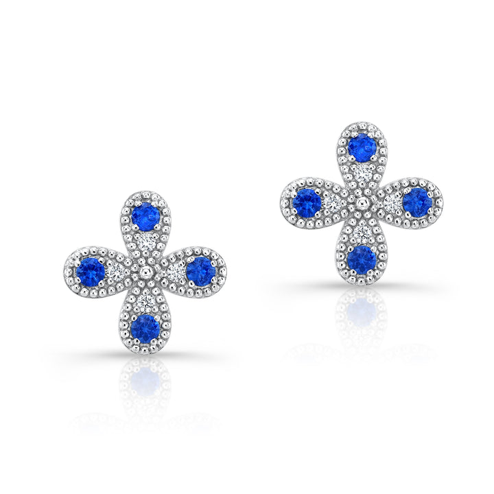 Sapphire and Diamond Clover Floral Stud Earrings in 14k White Gold 0.08ctw – front view | RockHer