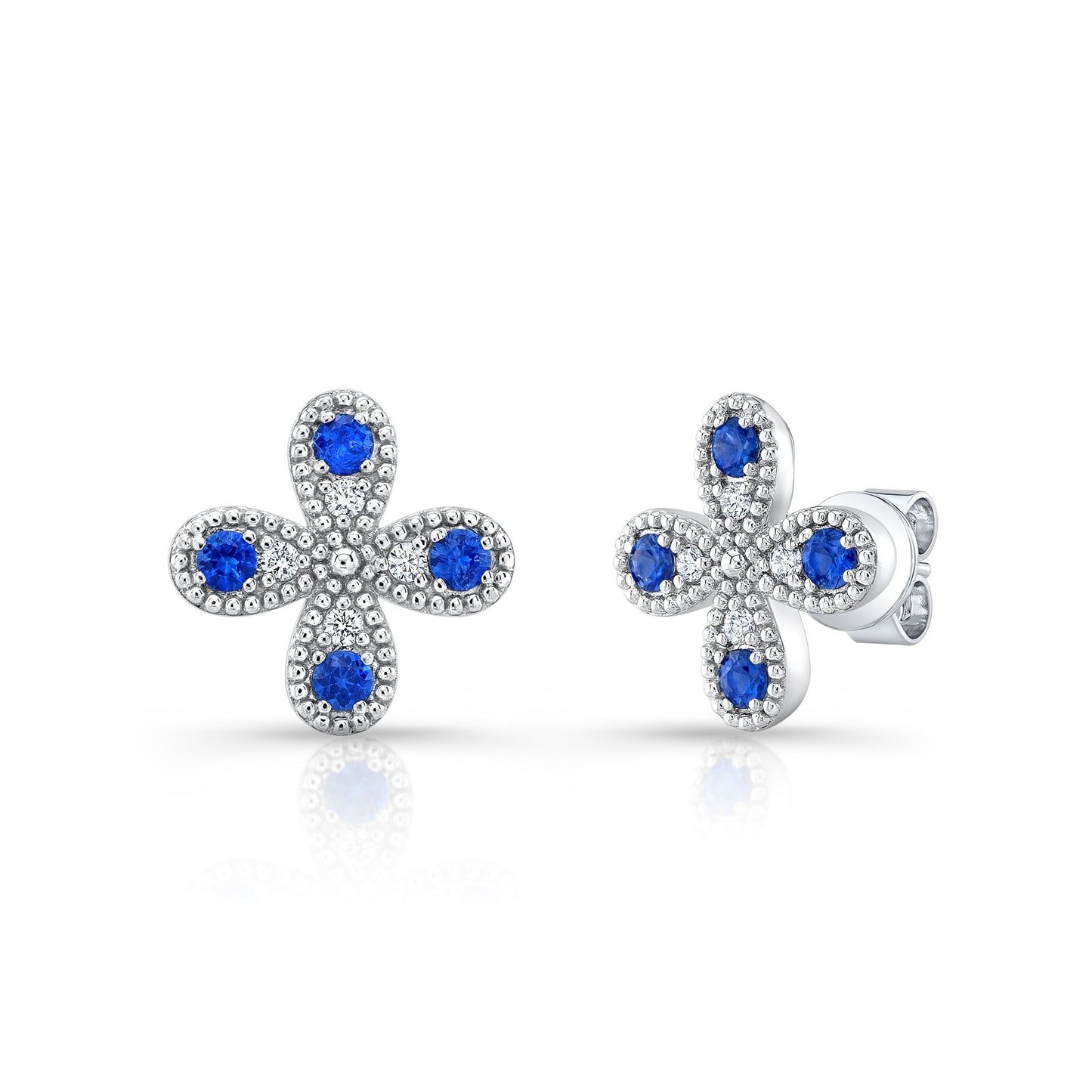 Sapphire and Diamond Clover Floral Stud Earrings in 14k White Gold 0.08ctw – side profile | RockHer
