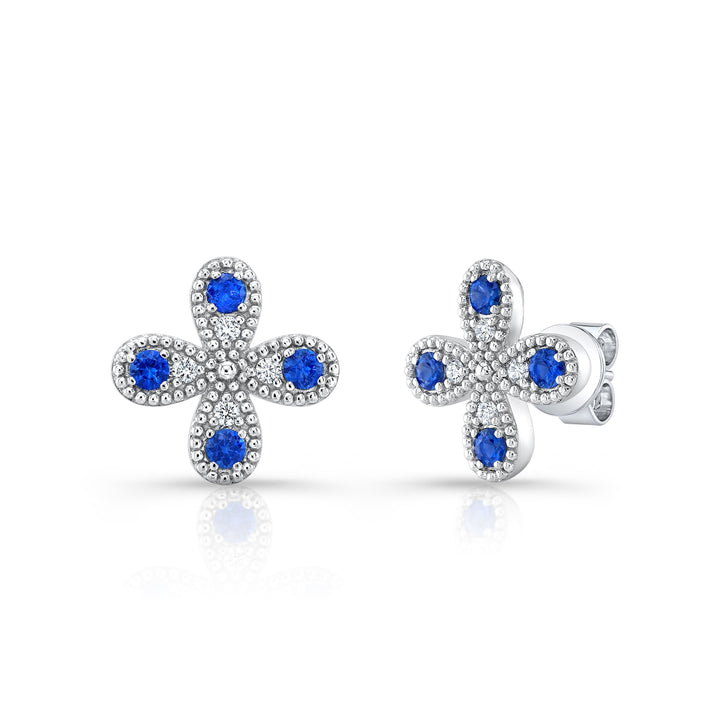Sapphire and Diamond Clover Floral Stud Earrings in 14k White Gold 0.08ctw – side profile | RockHer
