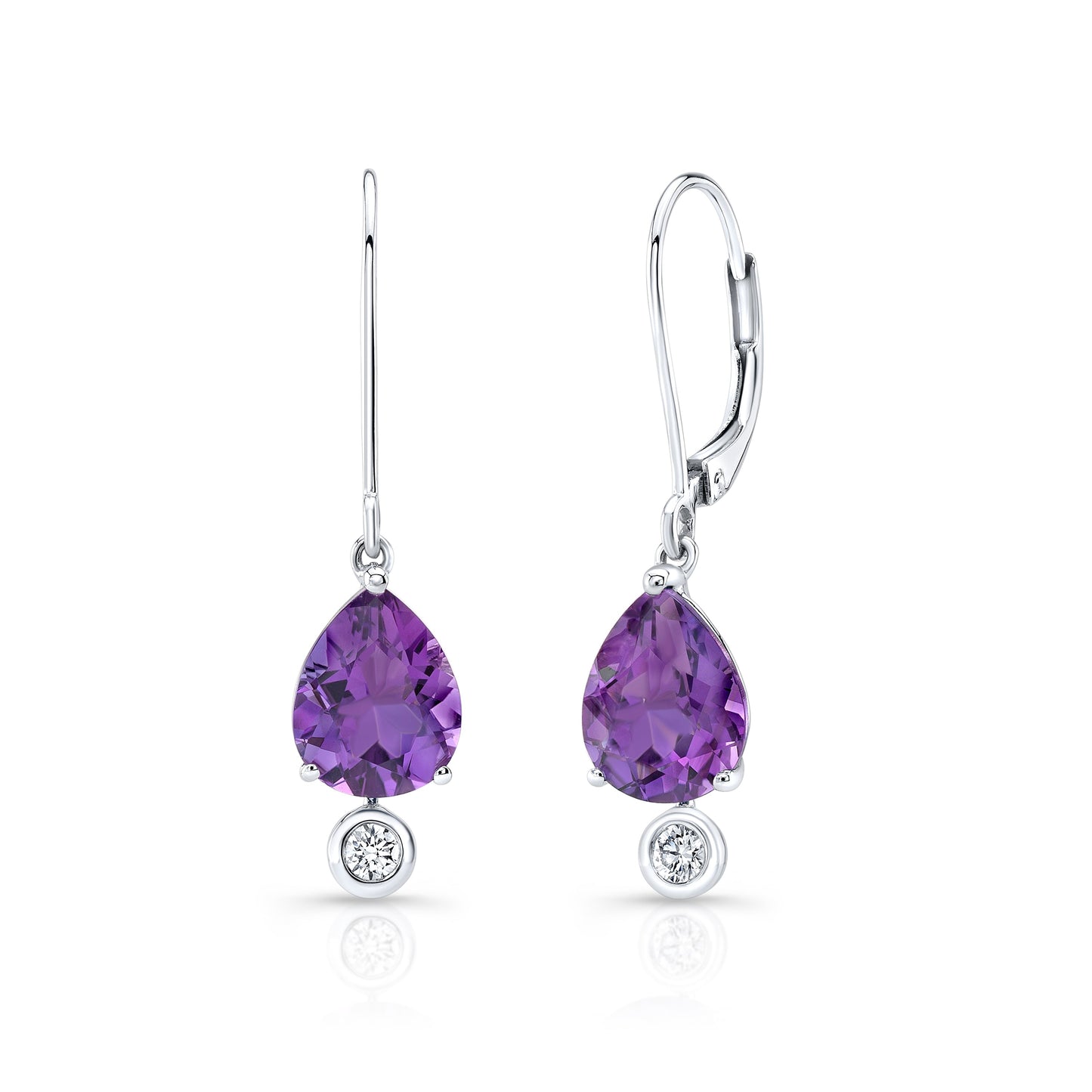 Amethyst and Bezel Diamond Teardrop Leverback Earrings in 14k White Gold 0.12ctw – detail view | RockHer
