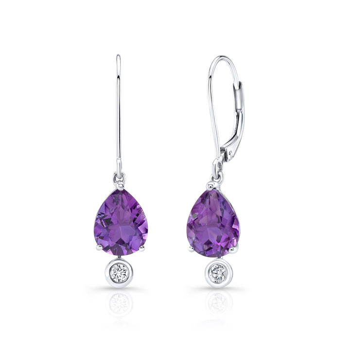 Amethyst and Bezel Diamond Teardrop Leverback Earrings in 14k White Gold 0.12ctw – detail view | RockHer