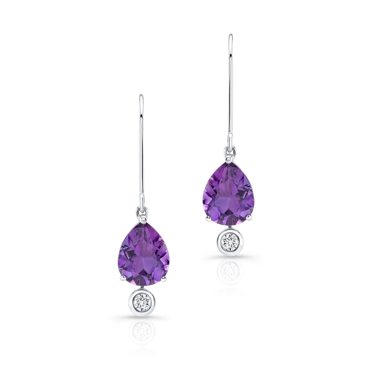 Amethyst and Bezel Diamond Teardrop Leverback Earrings in 14k White Gold 0.12ctw – front view | RockHer