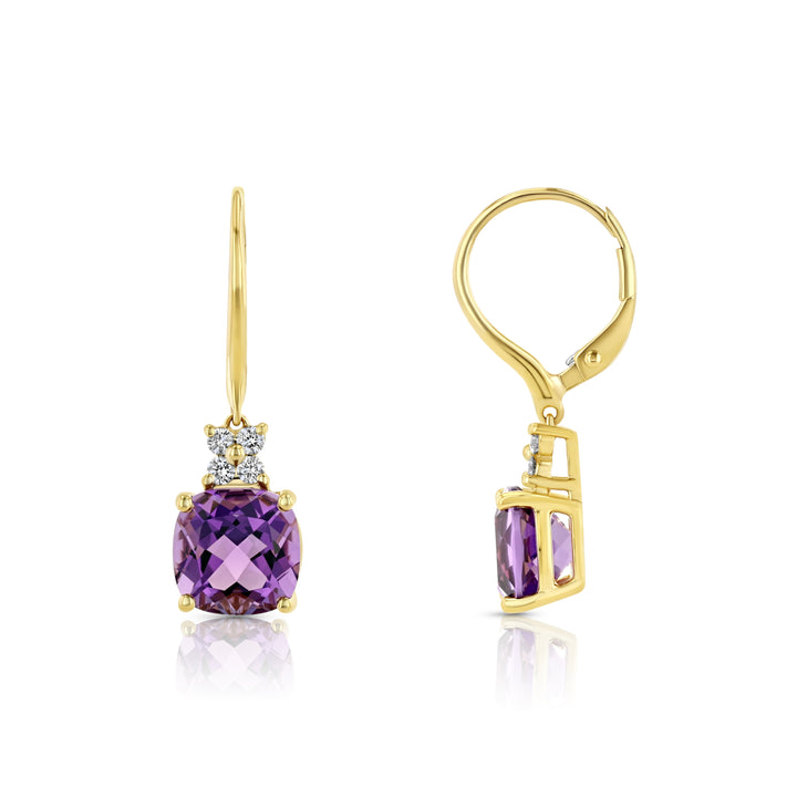 Cushion Amethyst and Diamond Leverback Earrings in 14k Yellow Gold 0.16ctw – detail view | RockHer
