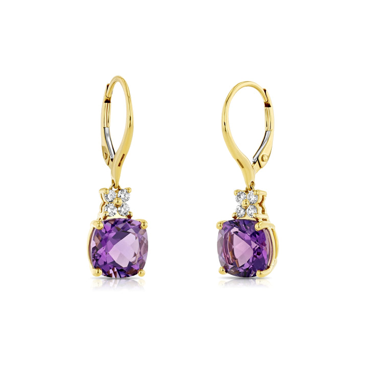 Cushion Amethyst and Diamond Leverback Earrings in 14k Yellow Gold 0.16ctw – lifestyle shot | RockHer