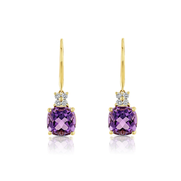Cushion Amethyst and Diamond Leverback Earrings in 14k Yellow Gold 0.16ctw – side profile | RockHer