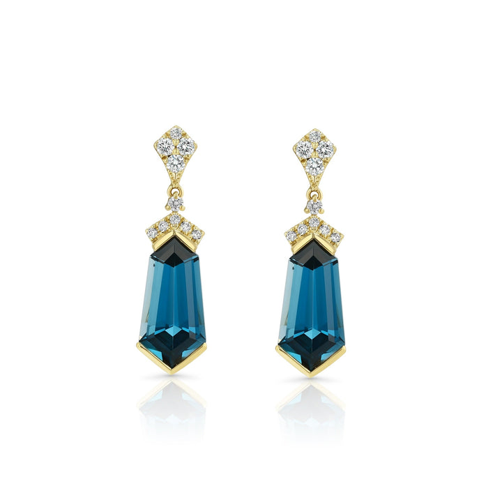 London Blue Topaz and Diamond Shield Drop Earrings in 14k Yellow Gold 0.27ctw – side profile | RockHer