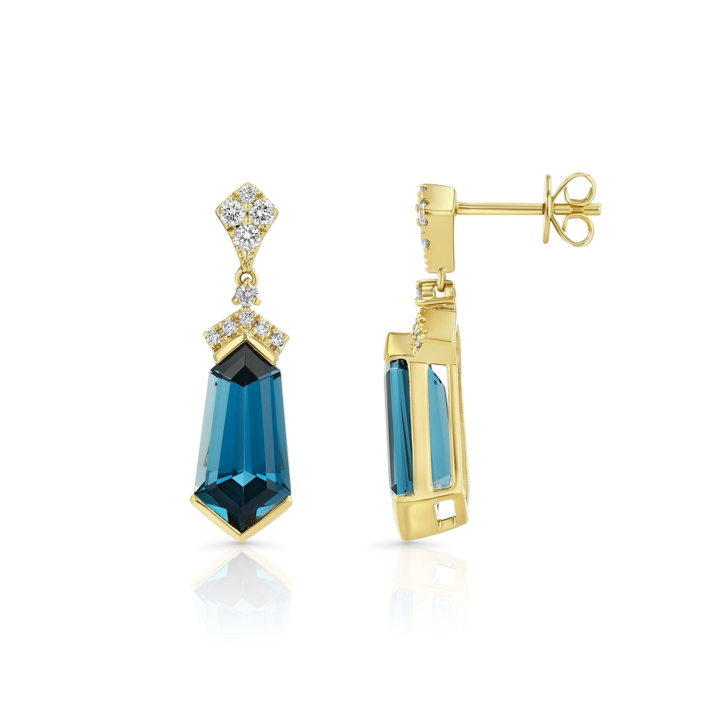 London Blue Topaz and Diamond Shield Drop Earrings in 14k Yellow Gold 0.27ctw – detail view | RockHer