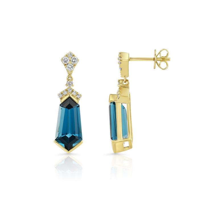 London Blue Topaz and Diamond Shield Drop Earrings in 14k Yellow Gold 0.27ctw – detail view | RockHer