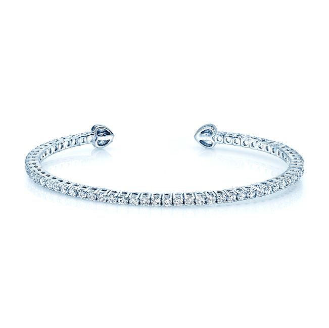 Diamond Open Cuff Bangle With Solid Heart Ends in 18K White Gold – front view | RockHer