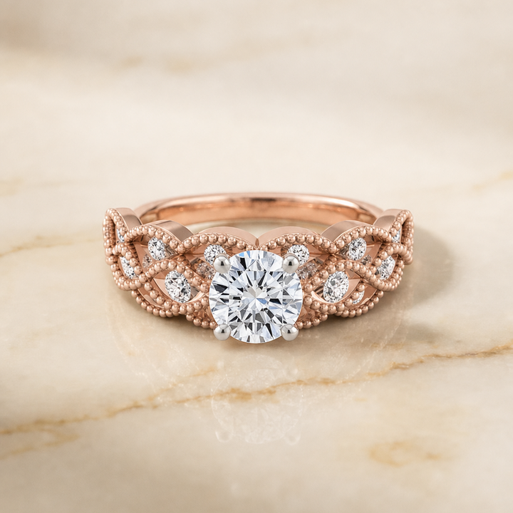 ตัวเรือนแหวนหมั้นเพชร Mae ทรงกลม ฝังปาเว่ ทองคำชมพู 14K จาก RockHer