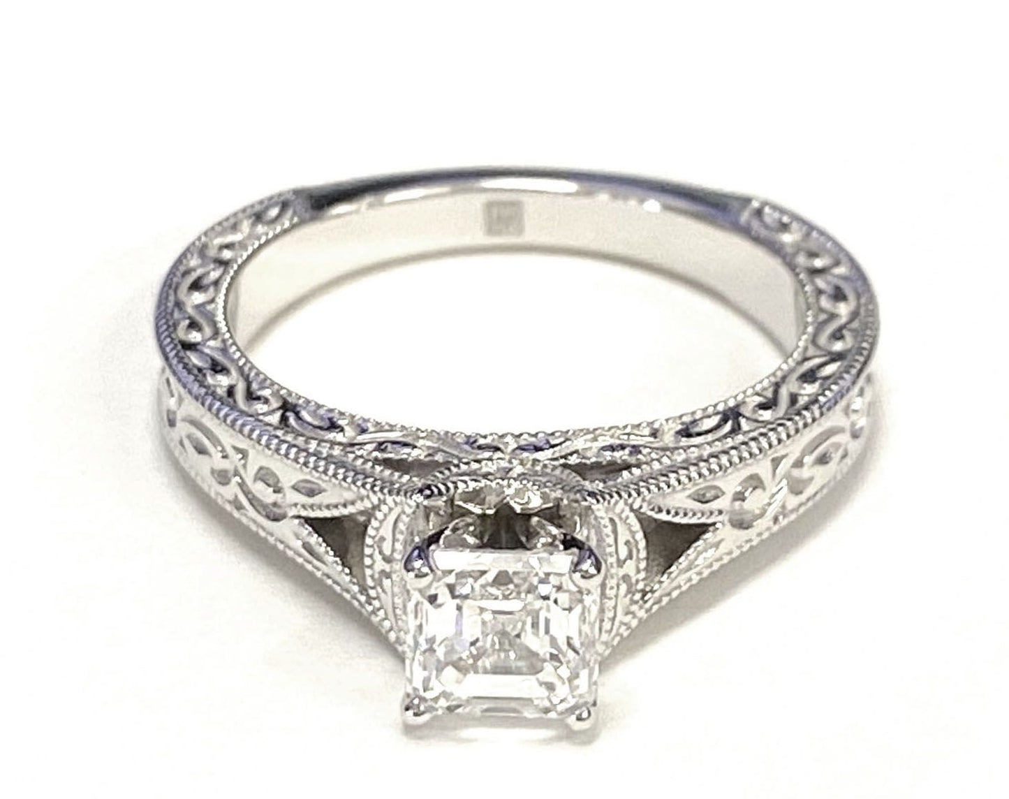 Hand-Engraved Milgrain Vintage Solitaire Asscher, in 18K White Gold, prong setting – lifestyle shot | RockHer