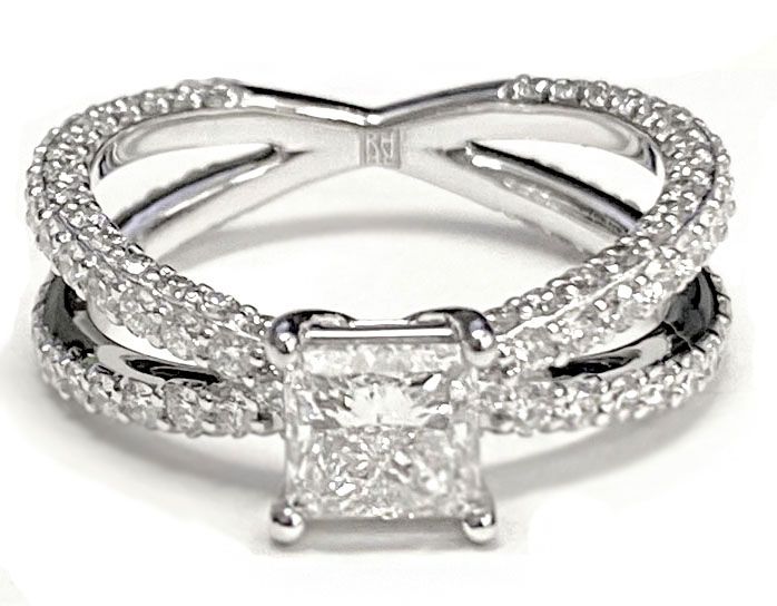 Platinum Princess Cut Open Diamond Pave Criss Cross Engagement Ring -1-1/3ctw