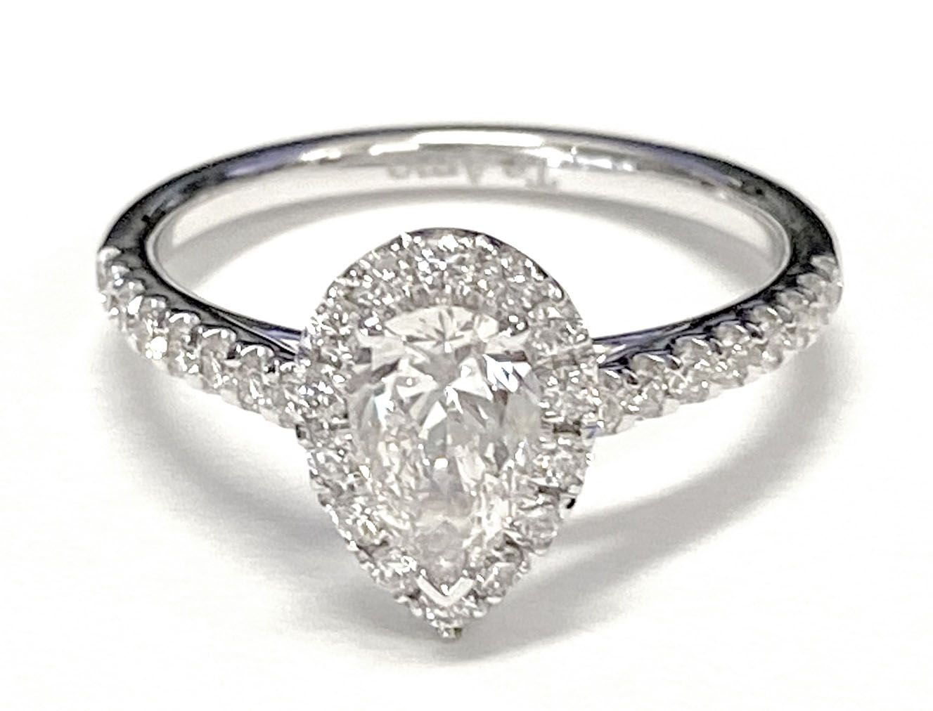 Petite French Pavé Halo Pear Shape, in 18K White Gold, pave setting – lifestyle shot | RockHer