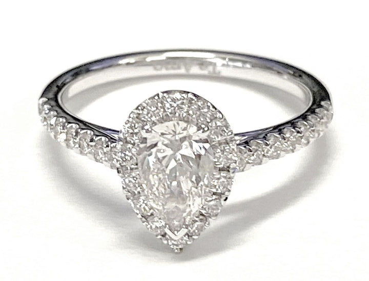 Petite French Pavé Halo Pear Shape, in Platinum, pave setting – lifestyle shot | RockHer