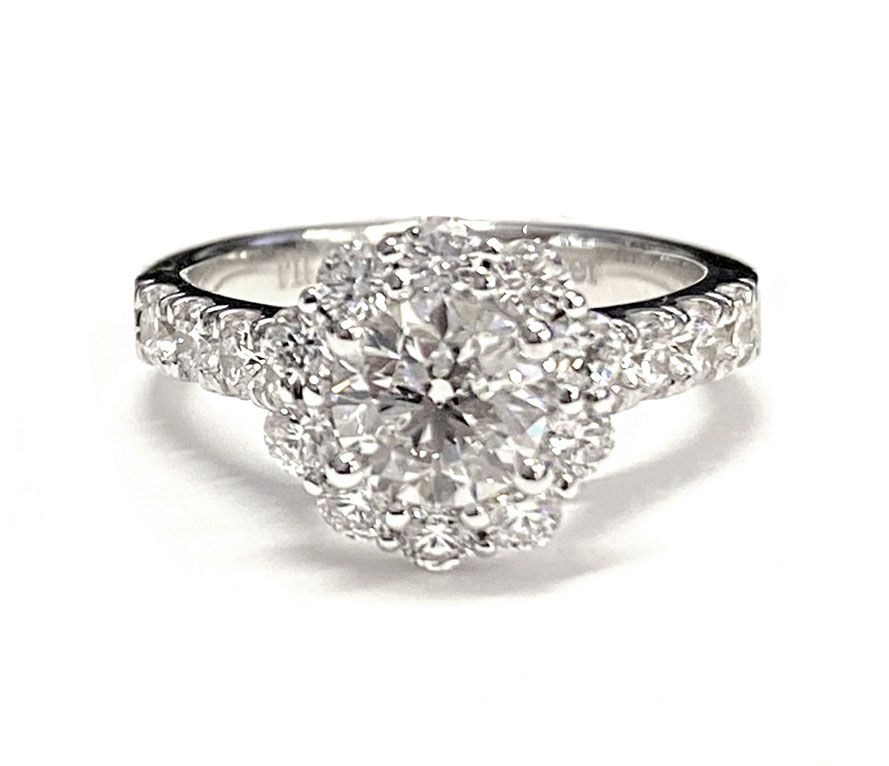 Round Brilliant, Luxe French Pavé Halo, in 18K White Gold, pave setting – lifestyle shot | RockHer