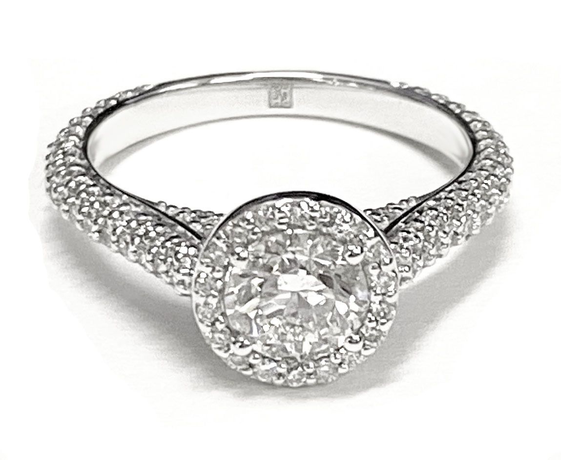 Round Brilliant, Micro-Pavé Triple Row Halo, in 18K White Gold, pave setting – lifestyle shot | RockHer