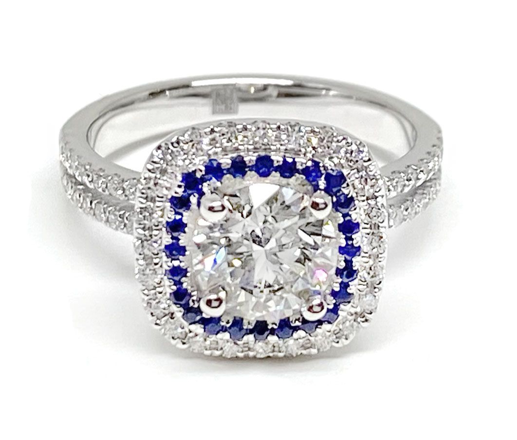 18K White Gold Round Brilliant Linear Double Row Halo Diamond Engagement Ring -3/8ctw