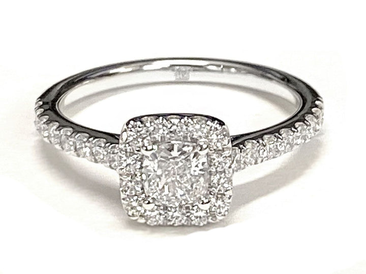 18K White Gold Cushion Diamond Classic Pave Halo Cathedral Style Engagement Ring -1/2ctw