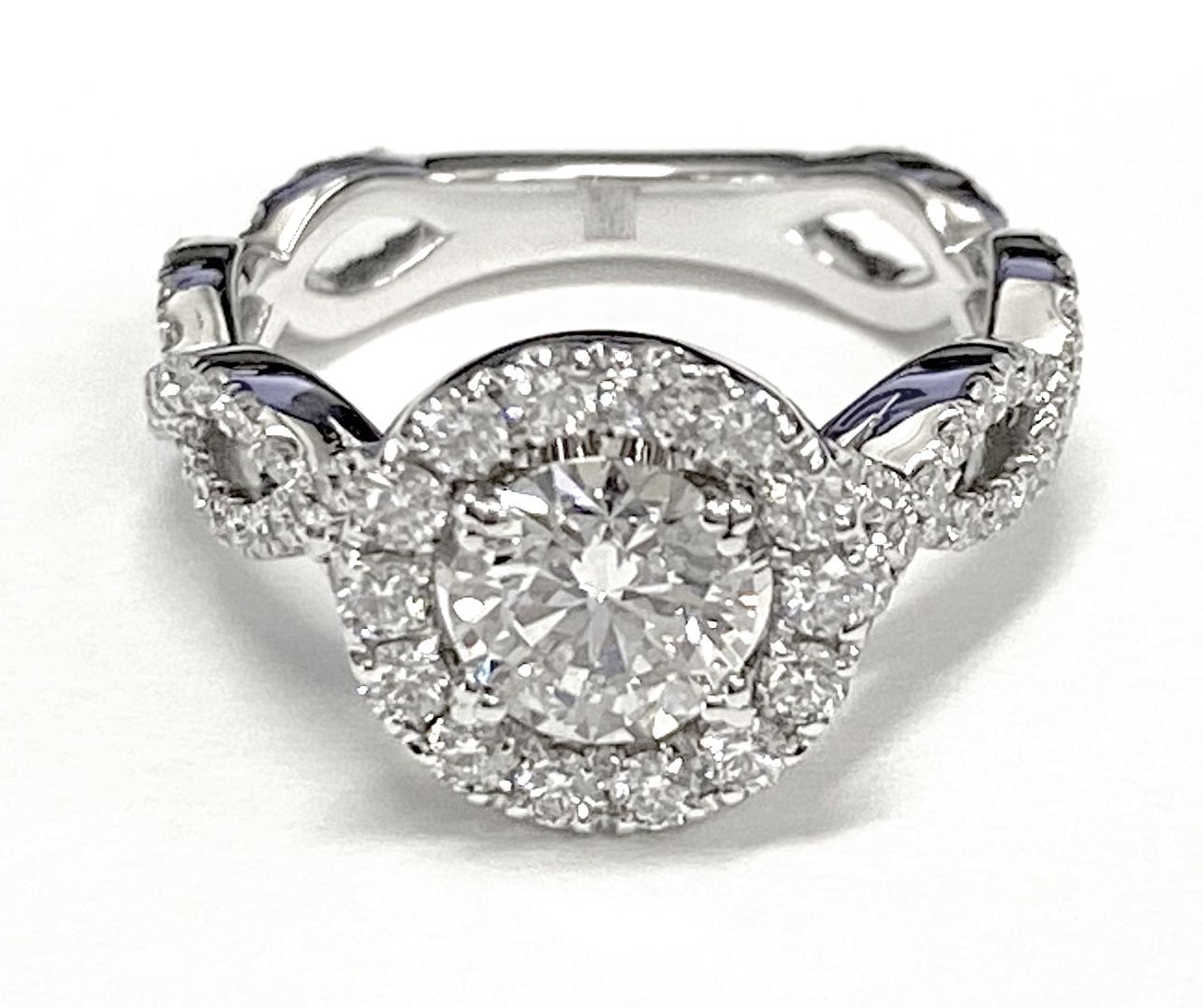 Round Brilliant, Ribbon Twist Pavé Halo, in 18K White Gold, pave setting – lifestyle shot | RockHer