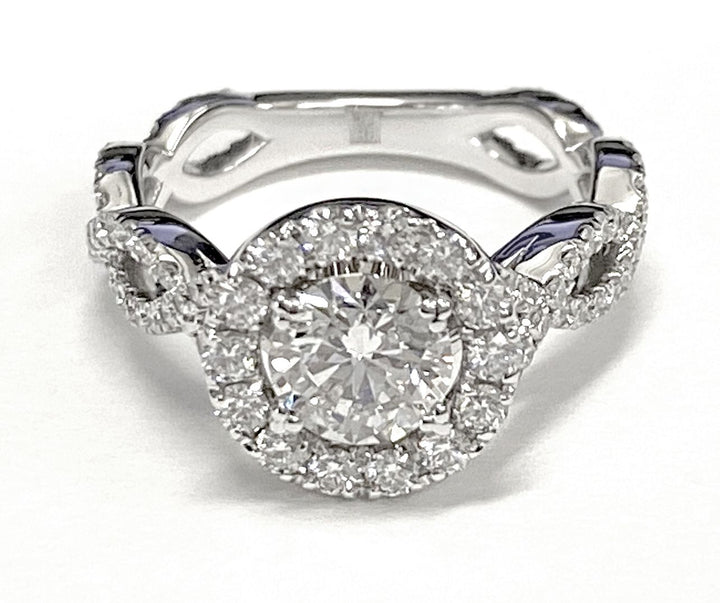 Round Brilliant, Ribbon Twist Pavé Halo, in 18K Yellow Gold, pave setting – lifestyle shot | RockHer