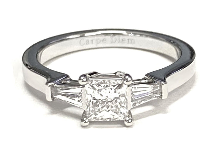 Tapered Baguette Three Stone Princess, in Platinum, channel setting – lifestyle shot | RockHer