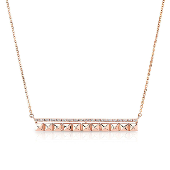 Pave Diamond And Spikes Bar Necklace in 14K Rose Gold – front view | RockHer