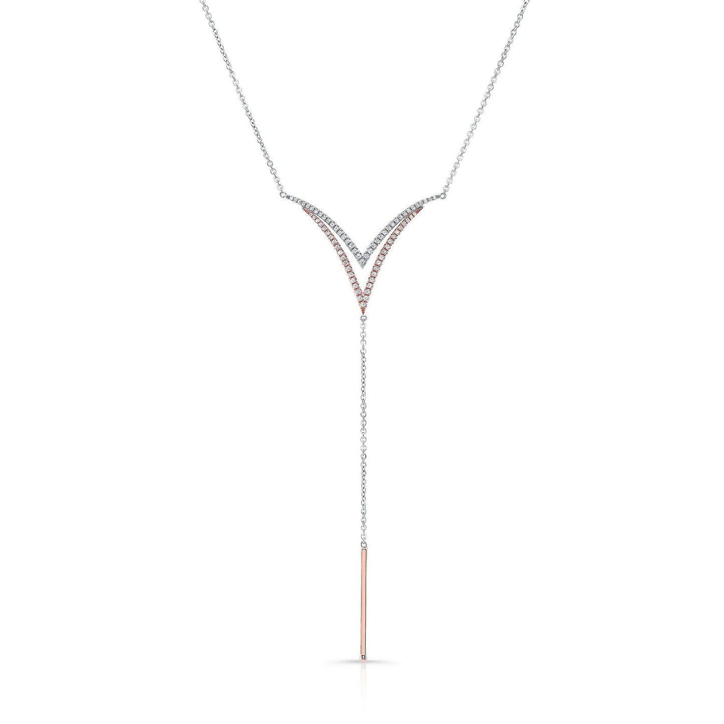 Diamond Pave Double-v And Solid Bar Y-necklace In 14k Rose And White Gold (16-18 In Adj Chn)