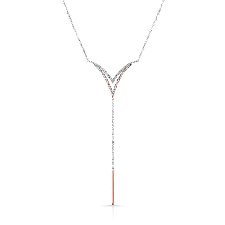 Diamond Pave Double-v And Solid Bar Y-necklace In 14k Rose And White Gold (16-18 In Adj Chn) – front view | RockHer